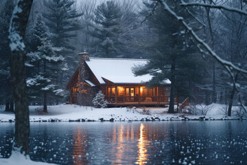 Cozy cabin retreat by lake during gentle winter snowfall. Winter tranquility and vacation.