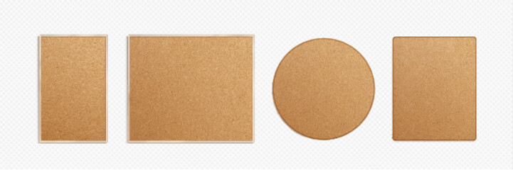 Set of memo pin boards with cork texture isolated on transparent background. Vector realistic illustration of round, square, rectangular frame mockups, interior design elements, material sample