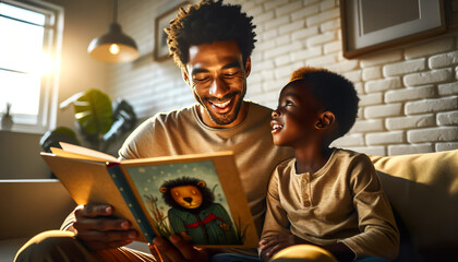 African father reading a book to his children.Reading to young children is proven to improve cognitive skills and help along the process of cognitive development and Improved language skills - obrazy, fototapety, plakaty