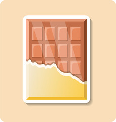 Chocolate sticker illustration. Bar, square, wrapper, open. Editable vector graphic design.