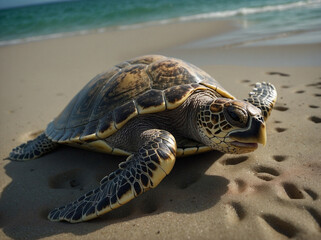 Sea turtle coming out of the sea to lay eggs on the beach. Nature tourism, environment, biodiversity, eco-tourism, caribbean.