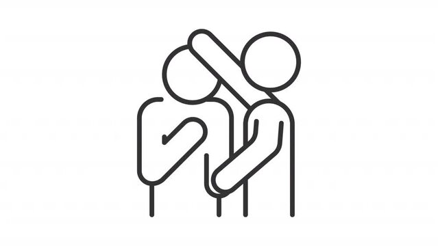 Social support line animation. Stroking head animated icon. Mental support assistance. Companionship guidance. Black illustration on white background. HD video with alpha channel. Motion graphic