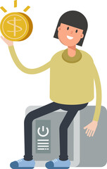 Girl Character Sitting on Safe and Holding Dollar Coin
