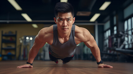 Fototapeta premium Young Asain man doning perfect Push-Ups in gym