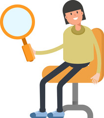 Girl Character Sitting and Holding Magnifier
