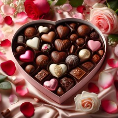 Obraz na płótnie Canvas Heart-shaped box of chocolates, roses and petals.