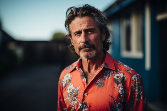 Portrait of a handsome middle-aged man wearing a colorful shirt.