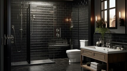 bathroom black subway tile