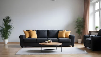 Fotobehang Black sofa in modern design living room, yellow cushions, coffee table  © Lied