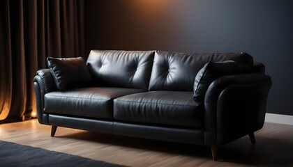 Black sofa in modern design living room, dark walls