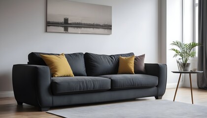 Black sofa in modern design living room, yellow cushions