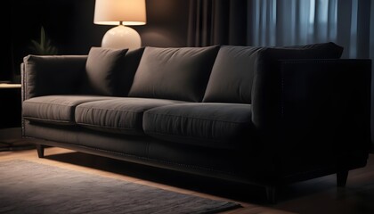 Black sofa in modern design living room, warm light from a lamp on the left
