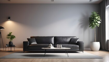 Black sofa in modern design living room, side table and plant at the sides