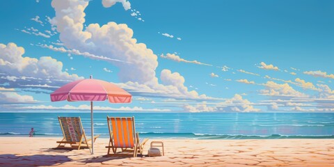 beach beds and sun umbrella on the sandy beach seashore, nobody, copy space - obrazy, fototapety, plakaty