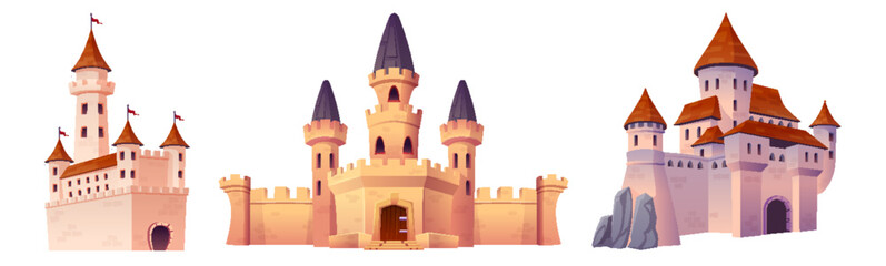 Fototapeta na wymiar Fairytale medieval castle with towers and flags, windows and gate doors, stone walls. Cartoon vector illustration set of magic royal palace. Collection of ancient kingdom architecture with turret.