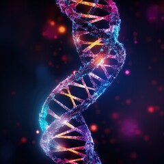 DNA strand on a dark background with glowing lights. Generative AI.