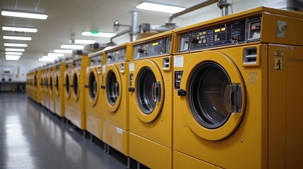 A row of industrial-sized laundry machines hums to life