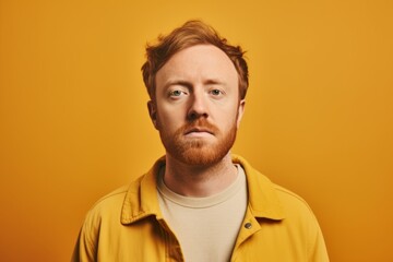 Portrait of a red-bearded guy in a yellow jacket on a yellow background