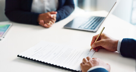 Business hands, legal documents and signature for contract agreement, hiring deal and b2b negotiation. Professional people, lawyers or corporate clients writing of paperwork with terms and conditions
