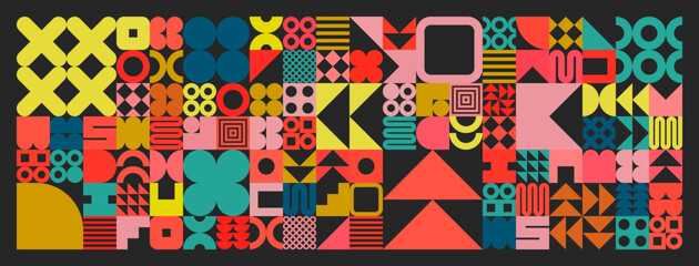 Geometric texture with simple shapes, symbols. Colorful primitive elements and forms. Retro design, trendy contemporary minimalist style. Vector illustration