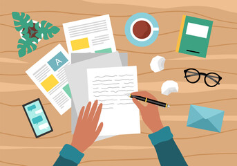Writer writing on paper sheet vector illustration in flat design. Hands with pen on working table with text, workplace top view, desktop with writing letter story, journalist author workspace.