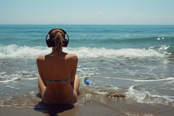 Fototapeta na wymiar Woman enjoying sea with headphones
