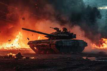Military tank advancing through explosive battlefield. Warfare and combat. - obrazy, fototapety, plakaty