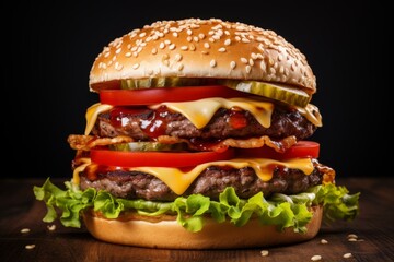 Sizzling gourmet hamburger with thick juicy patty, crispy bacon, and fresh lettuce on grilled buns
