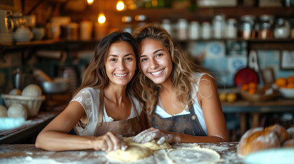 Portrait of two cheerful latina women retired mother young adult daughter wear aprons hug at kitchen table. - obrazy, fototapety, plakaty