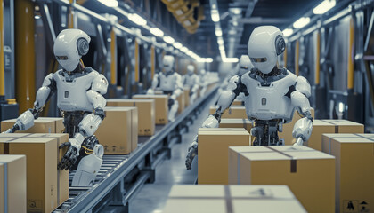 Robots working with cardboard boxes on a conveyor belt. Human labor replacement. Concept of  automation manufacturing process.