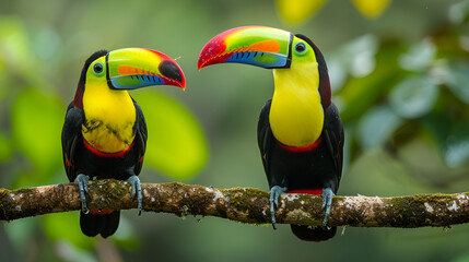 Toucan sitting on the branch in the forest green vegetation, generative ai