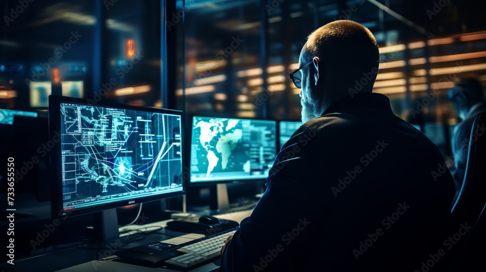 Poster A male programmer writes cybersecurity code on a computer. Modern Technologies, cybersecurity, cyberattack, cybercrime concepts.