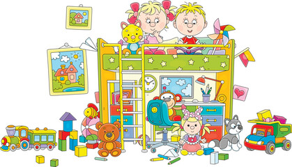 Happy little boy and girl romping with their funny colorful toys in a nursery playroom, vector cartoon illustration isolated on a white background