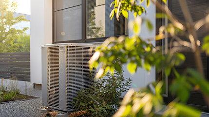 air heat pump near a modern house - obrazy, fototapety, plakaty