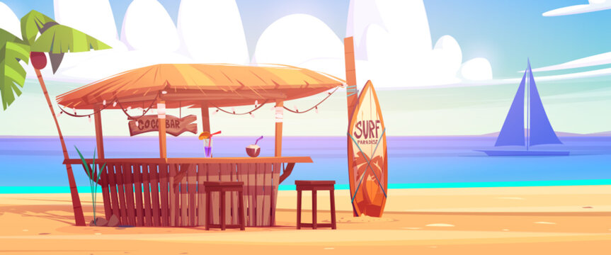 Summer beach bar against sea background. Vector cartoon illustration of tropical pub decorated with garland under palm tree, alcohol cocktail and exotic coconut juice on counter, surfing board on sand