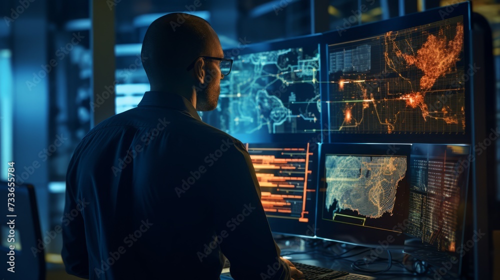 Aufkleber A handsome male engineer looks at large digital screens. A concerned professional programmer thinks about solutions to the problem during a system failure.