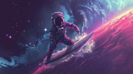 Fototapeten Astronaut surfing in the space among stars and planets © Elvin