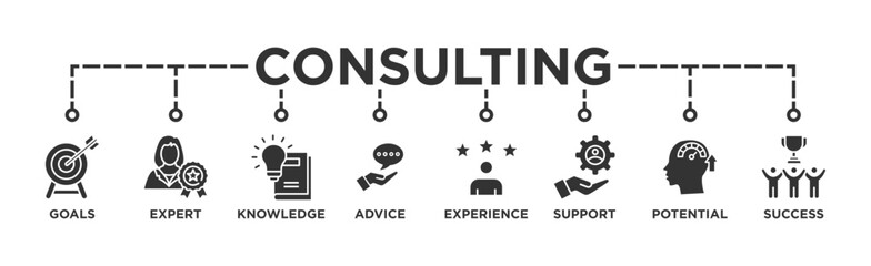 Consulting banner web icon vector illustration concept for business consultation with an icon of goals, expert, knowledge, advice, experience, support, potential, and success