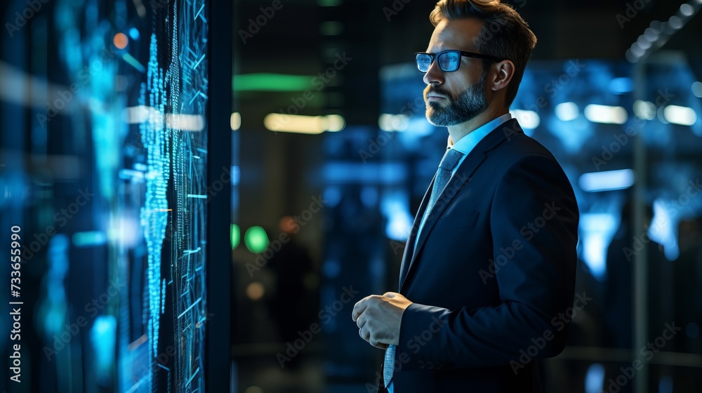 Poster A handsome male engineer looks at large digital screens. A concerned professional programmer thinks about solutions to the problem during a system failure.