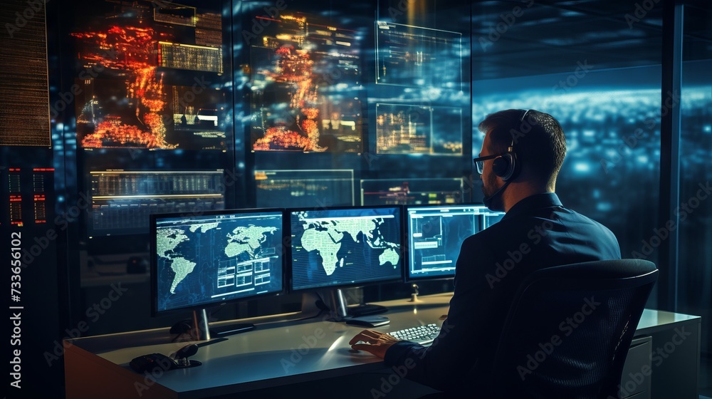 Poster A male programmer writes cybersecurity code on a computer. Modern Technologies, cybersecurity, cyberattack, cybercrime concepts.