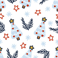 A seamless pattern with christmas trees and stars on a white background