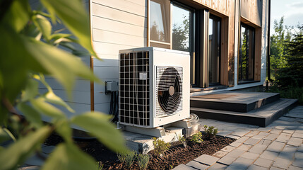 air heat pump near a modern house