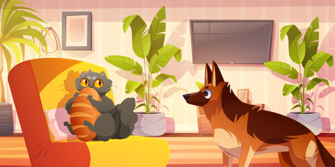 Living room interior with cat and dog. Cartoon home hall inside with puppy stand and look at fluffy grey kitten sitting in armchair and holding bread in paws and mouse. Friendship of domestic animals. - obrazy, fototapety, plakaty