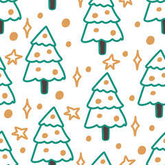 Seamless Christmas tree pattern on white with stars