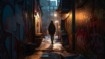 AI-generated illustration of a silhouette of a woman walking along a dimly lit alleyway.