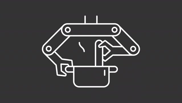 Animated cooking robot white icon. Kitchen process automatization line animation. Robotic arm pot stirring. Isolated illustration on dark background. Transition alpha video. Motion graphic