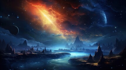 River with shining gas of milky way in background