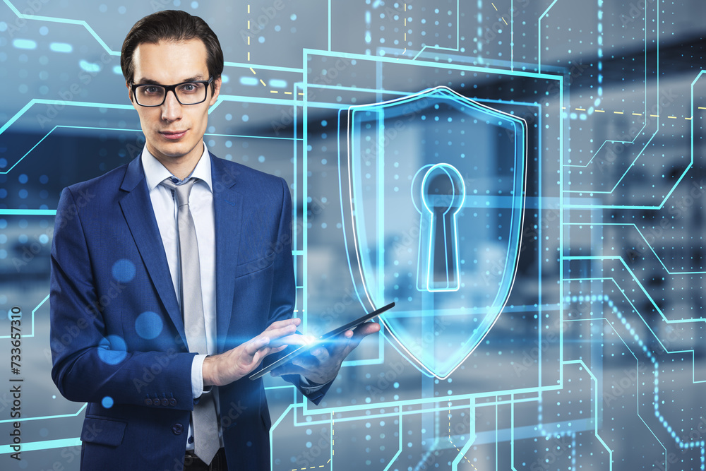 Poster professional in a suit interacts with a virtual security system and digital padlock. online safety c