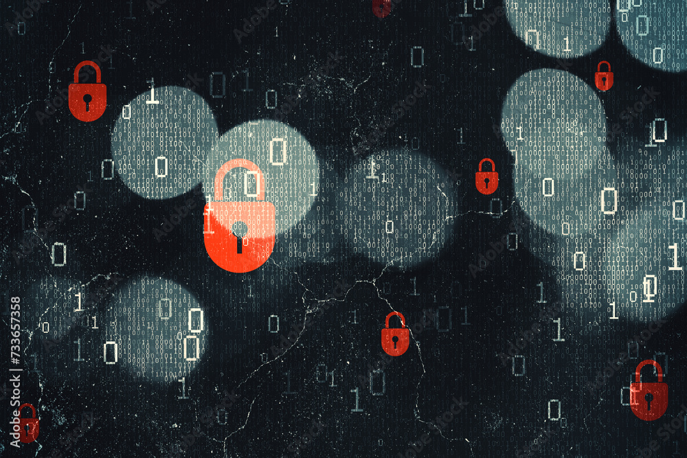 Fototapete Abstract dark hacking backdrop with bokeh circles and binary coding. Malware and phishing, data theft concept. 3D Rendering.
