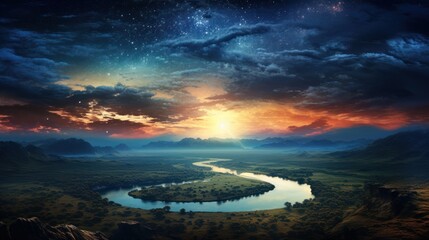 Sunset of river with glowing sky